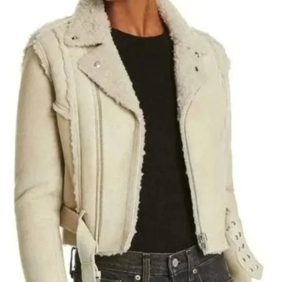 IRO Biege Synal Winter Shearling Sheepskin Moto Jacket Coat. 36 / S size - Picture 3 of 15